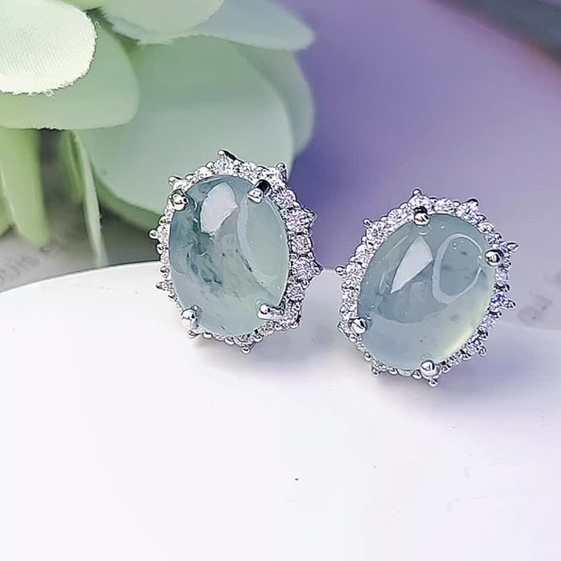 Wealth Recruitment | Fantasy Blue Floating Flowers | Burmese A Jade Jade High Ice Blue Flower Shining Large Egg Noodle 10.6mm Pure Silver Exquisite - ต่างหู - หยก 