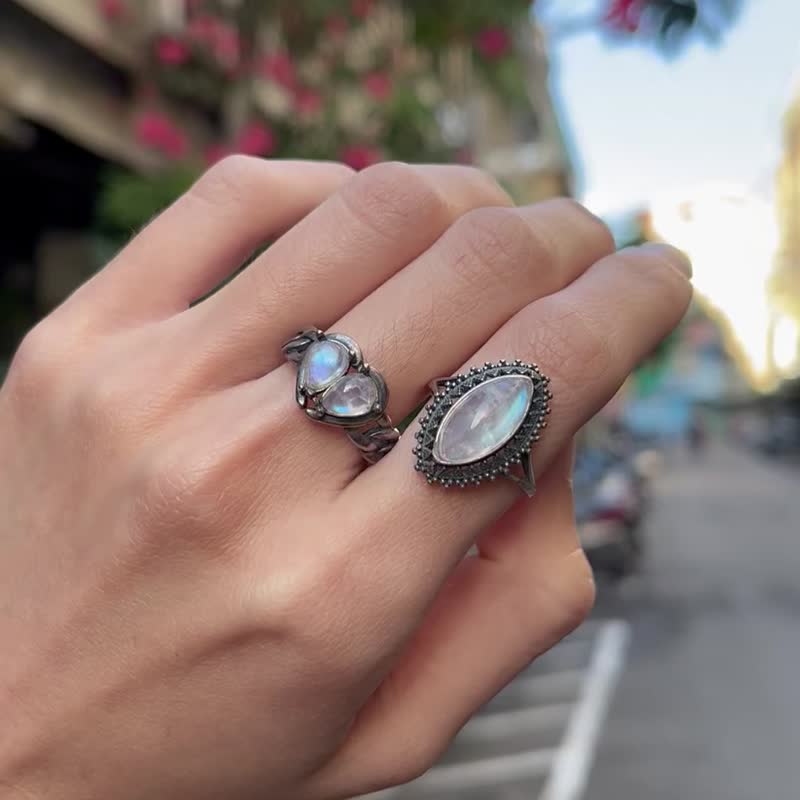 Xiyingyao 925 Silver moonstone natural stone live ring ethnic style retro hippie men and women - แหวนทั่วไป - คริสตัล สีเงิน