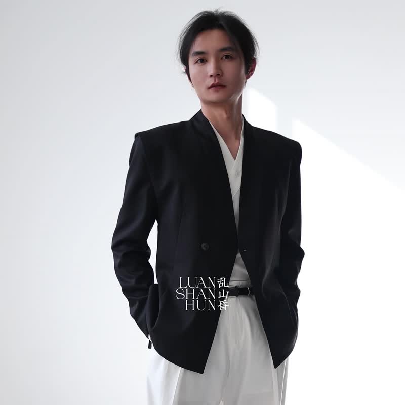 Luanshanhun new Chinese style original design cross collar double-breasted faux two piece shiny black casual jacket spring and summer - Men's Coats & Jackets - Polyester Black