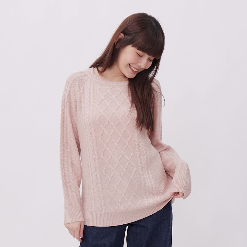 Argyle菱形紋圓領長袖親膚針織衫/淡粉 - 女毛衣/針織衫 - 棉．麻 粉紅色