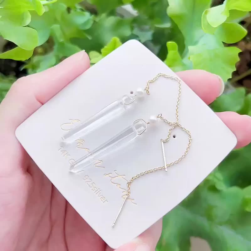 利姆利亞 高頻能量權杖頂級白水晶小原石柱子 耳環 - 耳環/耳夾/耳骨夾 - 水晶 透明