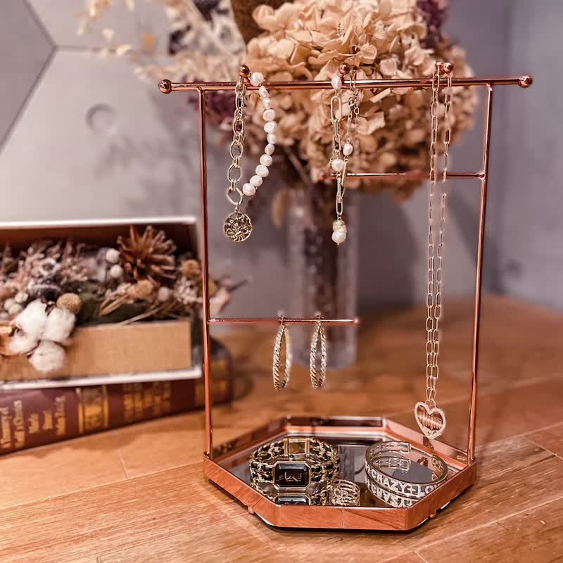 Rose Gold Jewelry Tray with mirror (Hexigon) - กล่องเก็บของ - โลหะ สีทอง