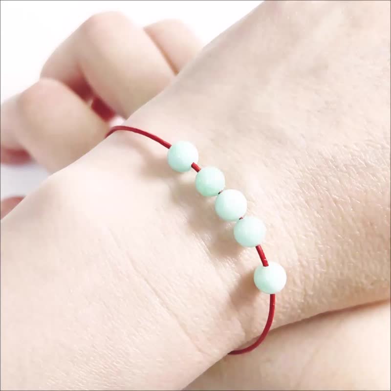 紅皮繩手鍊 3月天河石 幸運紅繩x5顆寶石款 輕鬆收緊手繩 - 手鍊/手環 - 半寶石 藍色