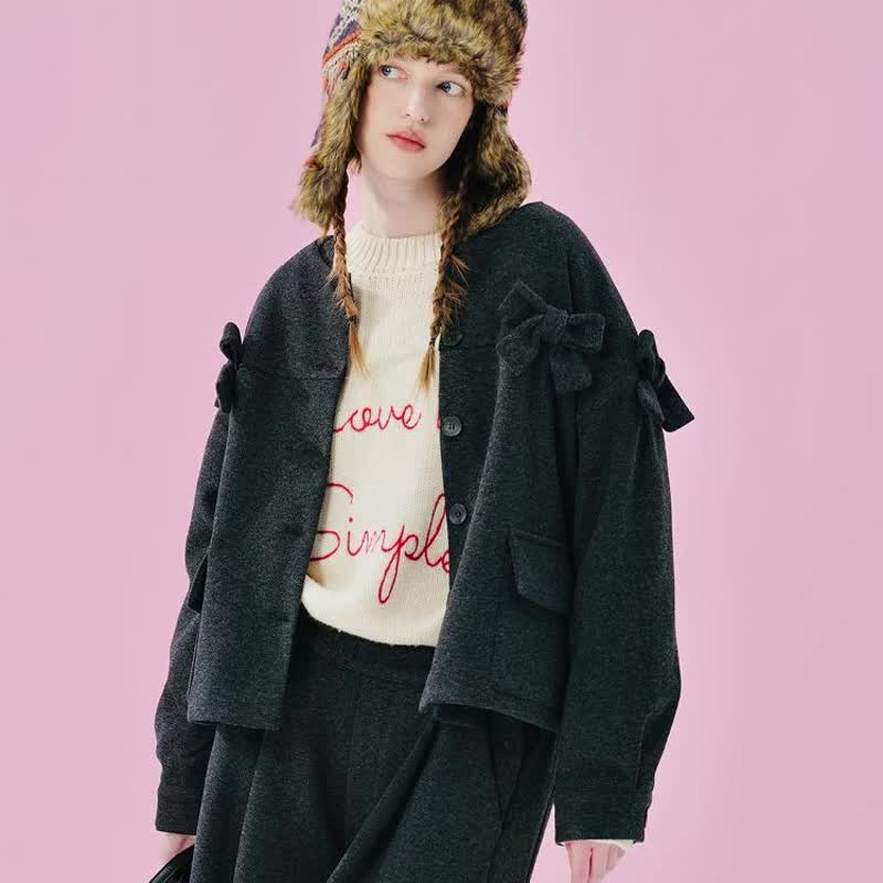 Bow knitted heavyweight sweet coat - เสื้อแจ็คเก็ต - ขนแกะ สีดำ