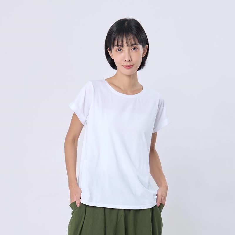 白色小蜜桃寬版方袖純棉寬版T恤 - 女 T 恤 - 棉．麻 白色