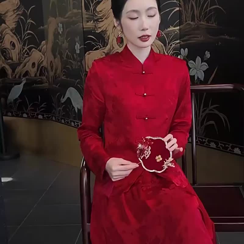 燕爾 紅色兩件式套裝 訂婚改良唐裝 新中式國風 新娘婚禮晨袍禮服 - 旗袍/改良式旗袍 - 其他人造纖維 紅色