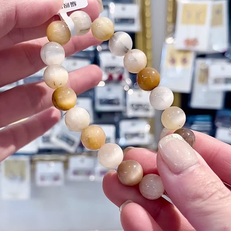 小精品貓眼大地色彩串毛兔毛水晶11.5mm38.96g淨化磁場療癒能力 - 手鍊/手環 - 水晶 多色