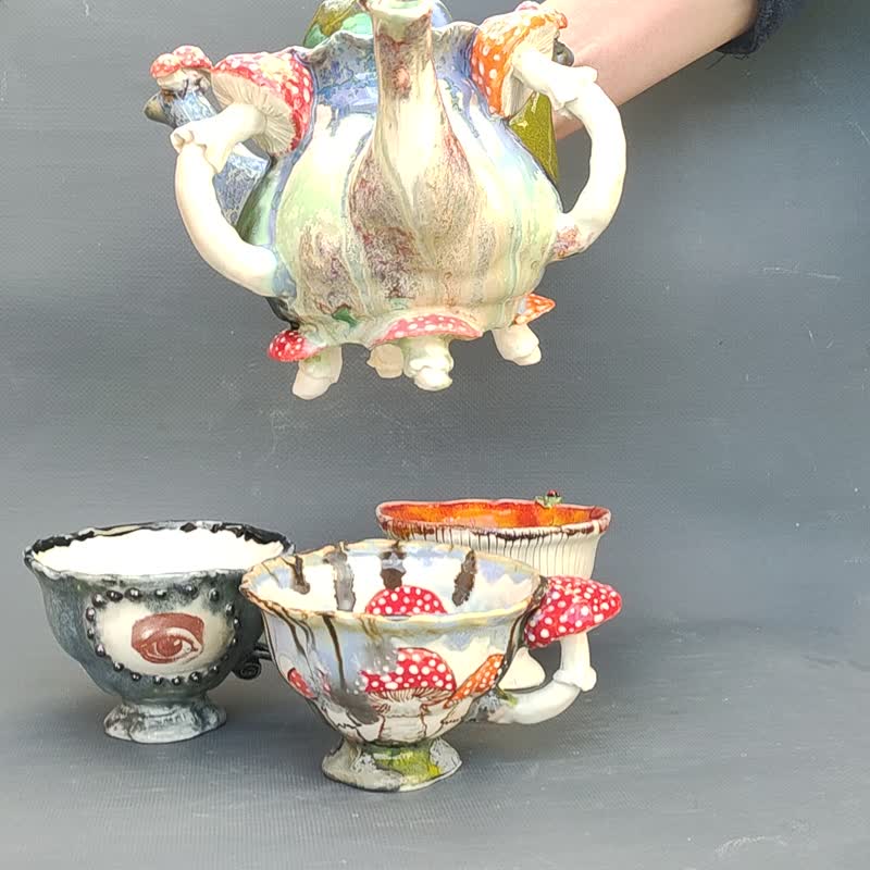 Mushrooms Three Spout Teapot Amanita Alice in Wonderland Ceramic sculpture - Teapots & Teacups - Pottery Multicolor