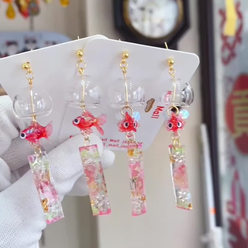 Three-dimensional goldfish wind chime, earrings, Clip-On - Earrings & Clip-ons - Resin Multicolor