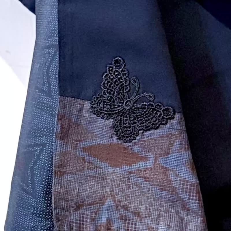 純手作/日本傳統工法十字星星藍黑色拼接幻彩圍巾披肩 - 圍巾/披肩 - 絲．絹 黑色