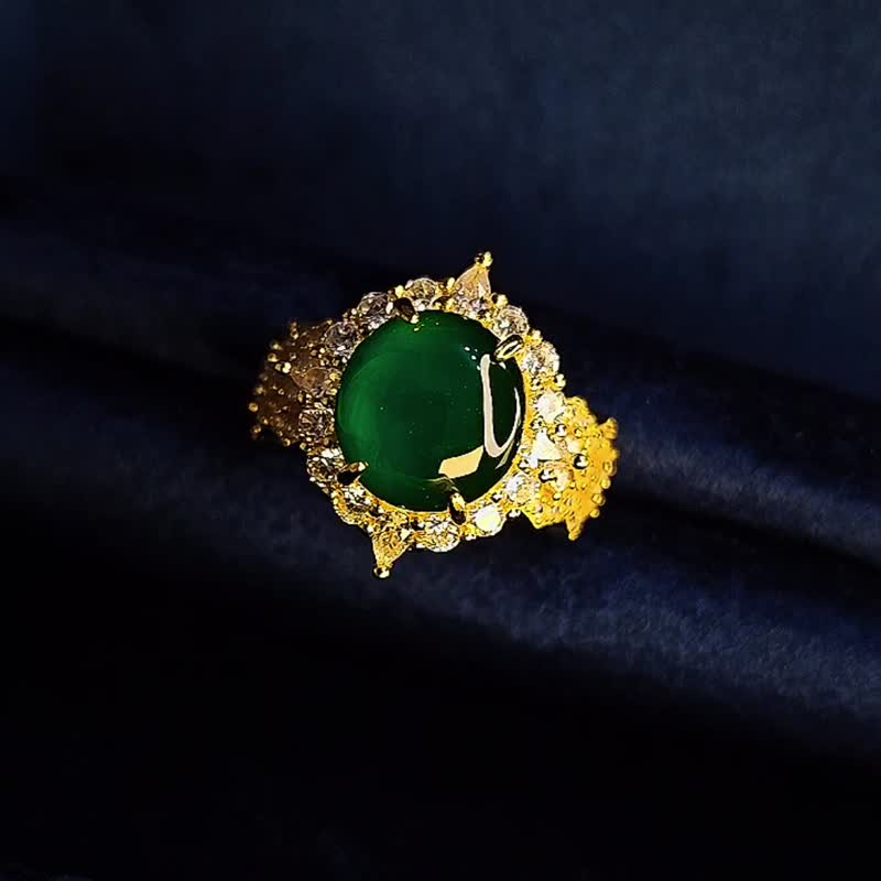 母親節超值|富貴|A貨翡翠老坑種冰綠大蛋面純銀豪華蕾絲戒指 - 戒指 - 玉石 