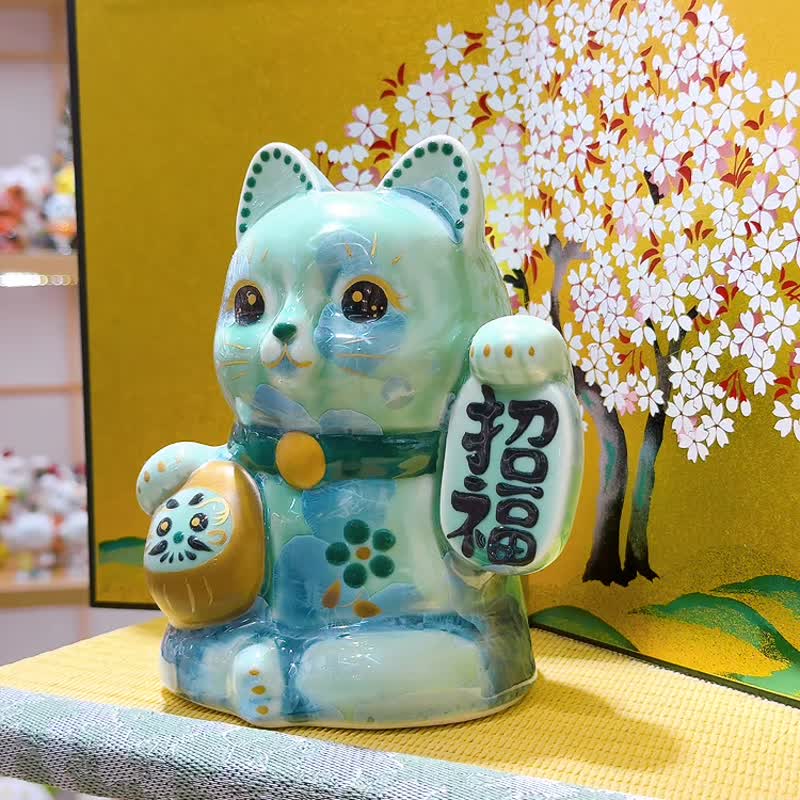 【綠晶招福】日本清水燒招財貓 | 達摩花結晶 - 綠招福 - 擺飾/家飾品 - 瓷 綠色