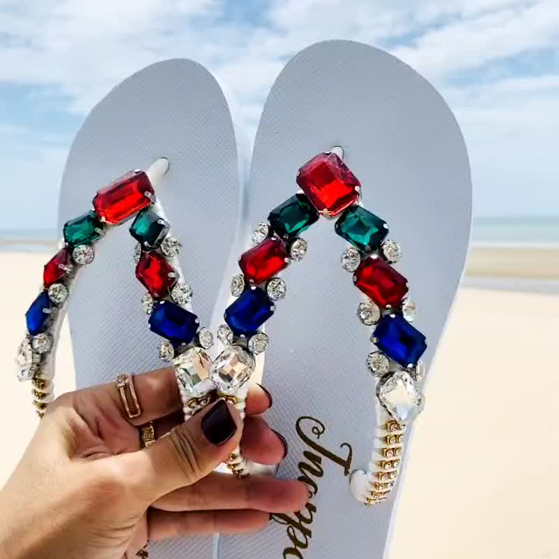 水晶裝飾涼鞋 鑽石涼鞋 時尚涼鞋 女款海邊涼鞋 - 拖鞋 - 其他材質 白色