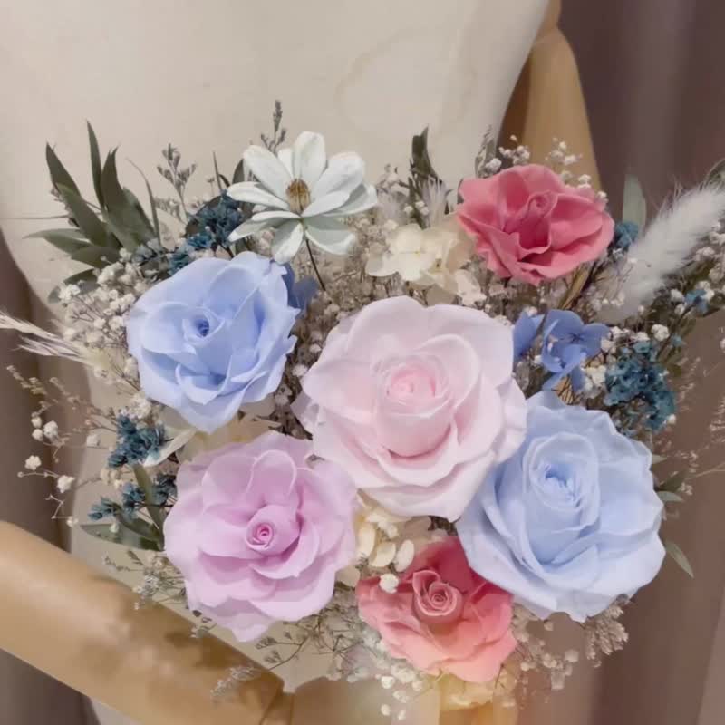 馬卡龍永生捧花 新娘捧花 結婚捧花 登記捧花 韓式捧花 乾燥花捧 - 乾燥花/永生花 - 植物．花 多色