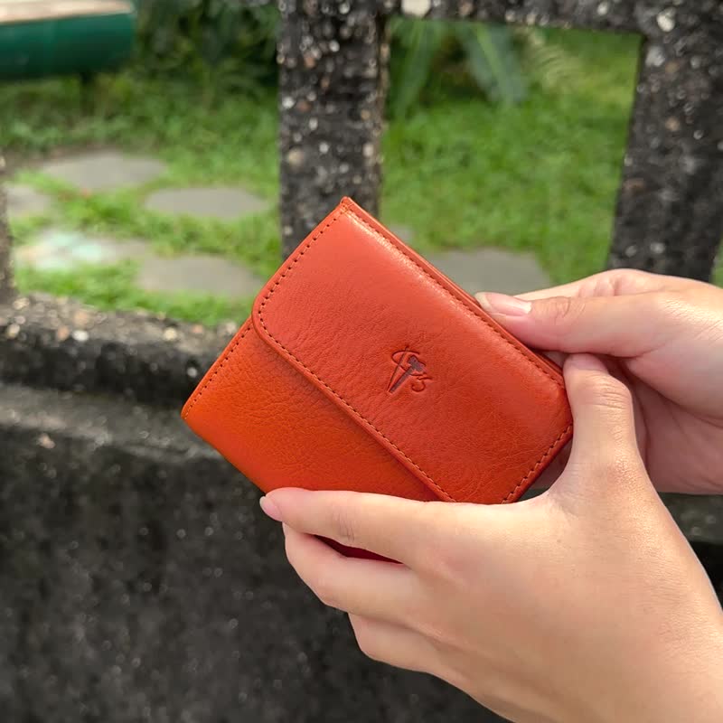 [Customized name] Genuine leather compact pocket clip/wallet glossy Brown birthday gift - Wallets - Genuine Leather Orange