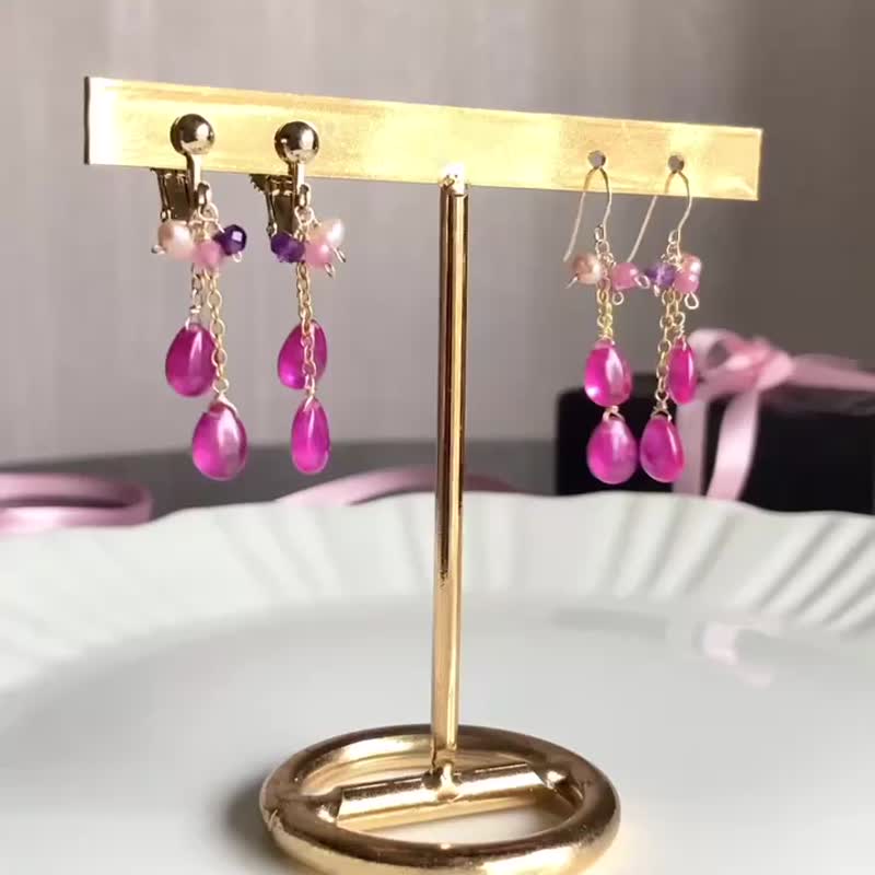 14KGF Pink Sapphire short earrings / Valentine's Day - ต่างหู - เครื่องเพชรพลอย สึชมพู