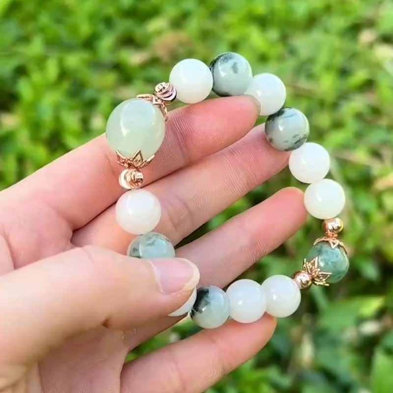 天然翡翠 緬甸 A玉 玉珠 玉鏈 手鏈 • 西湖綠花青翡翠手串 - 手鍊/手環 - 石頭 綠色