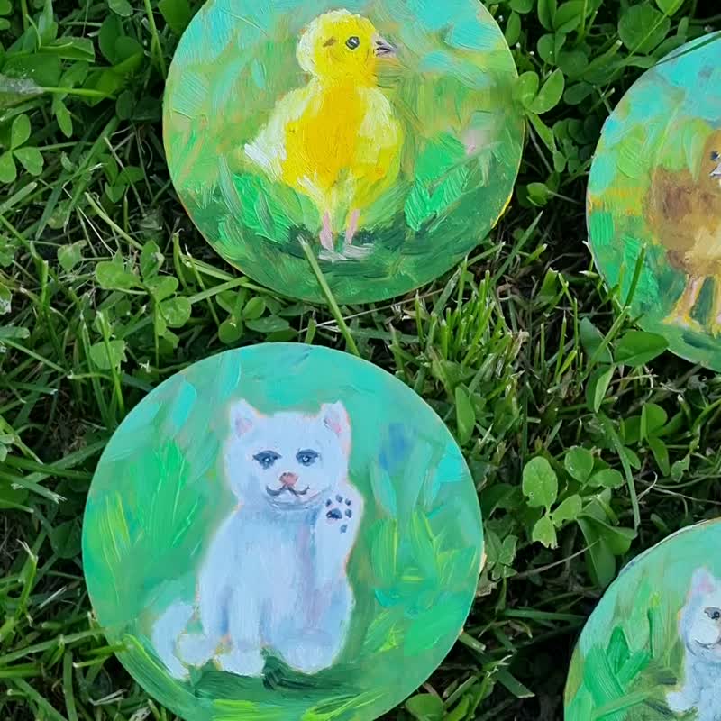 Original Oil Painting Baby Rabits Small Round Decor for Nursery Baby Gift - ตกแต่งผนัง - วัสดุอื่นๆ หลากหลายสี