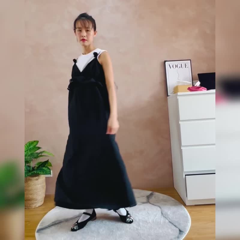 黑色格紋蓬蓬長洋裝 - 洋裝/連身裙 - 聚酯纖維 黑色