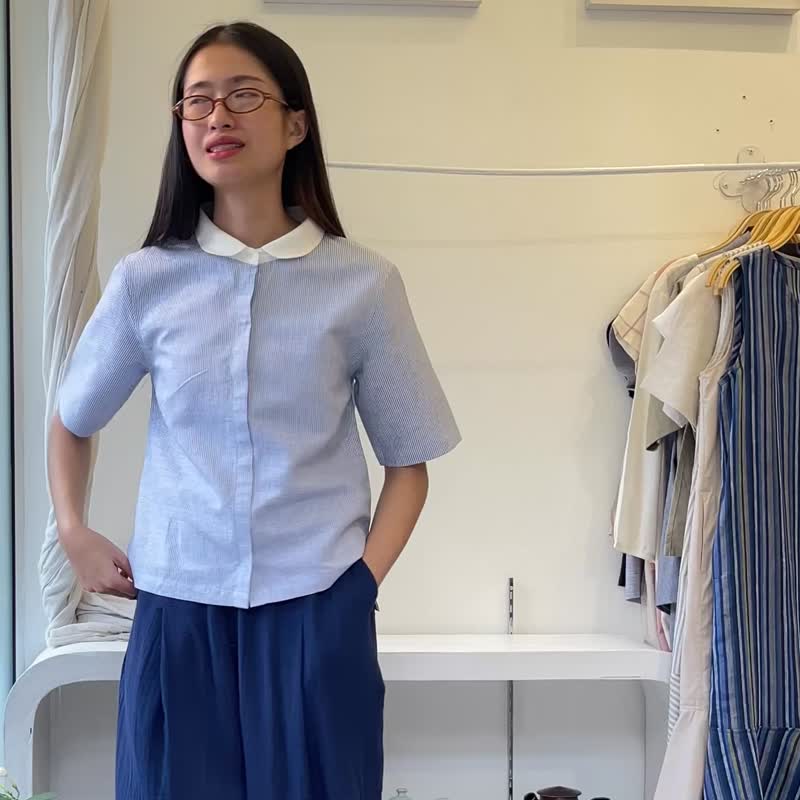 Blue Striped Short Sleeves Linen : Ally Blouse - 女襯衫 - 棉．麻 藍色