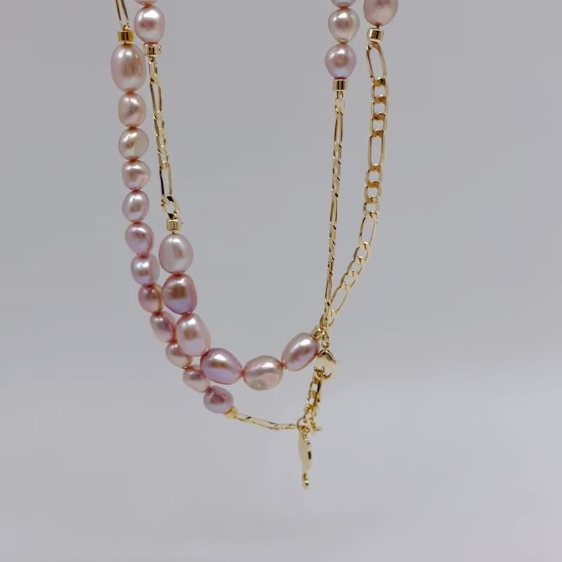 Baroque Pearl Necklace-Pink and Purple Necklace + Bracelet Set Sweater Chain Multiple Wear - สร้อยคอ - ไข่มุก 