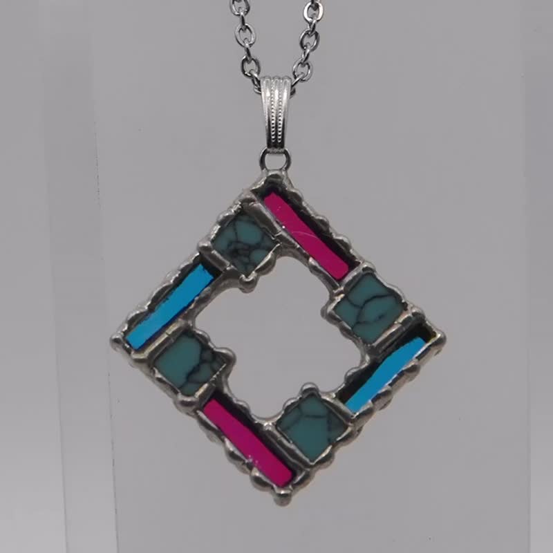 Minuteness stained glass and turquoise pendant - Necklaces - Glass Multicolor