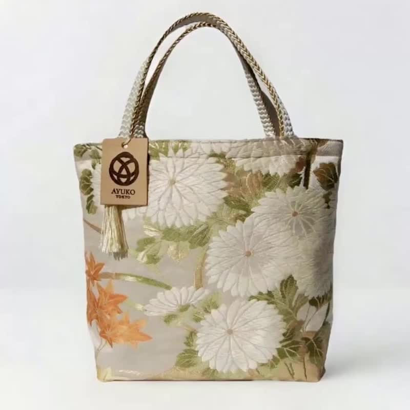 獨一無二真絲和服袋帶托特包, 日本手工刺繡升級改造包, 和風藝術 - 手提包/手提袋 - 絲．絹 金色