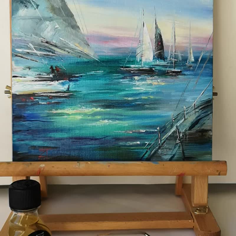 Regatta Oil Paintin Sailboat Original Art on Canvas 25x25cm. - 掛牆畫/海報 - 其他金屬 