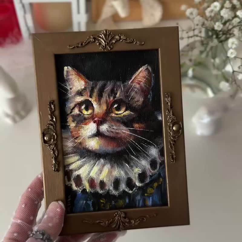 Brown cat framed painting, Cat wall art, Pet portrait, Cat decor, Vintage frame - 壁貼/牆壁裝飾 - 棉．麻 多色