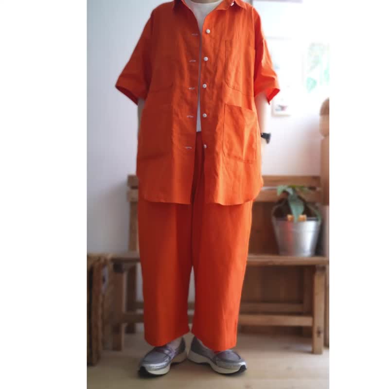 胡蘿蔔橘工裝襯衫短袖 - 女襯衫 - 棉．麻 橘色