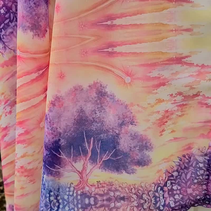 【Bud's wish】水彩画　シフォンストール　アートスカーフ　ショール　おしゃれファッション　朝焼け　花柄　日の出　朝日 - 圍巾/披肩 - 聚酯纖維 紅色