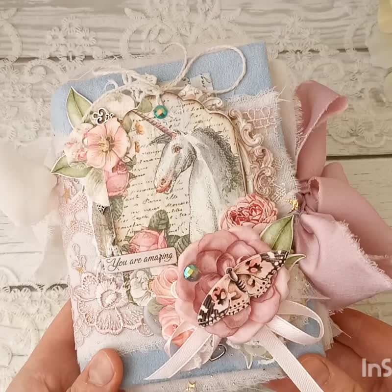 Fairy Unicorn junk journal handmade blank Lace fantazy flowers rainbow notebook - 筆記本/手帳 - 紙 綠色