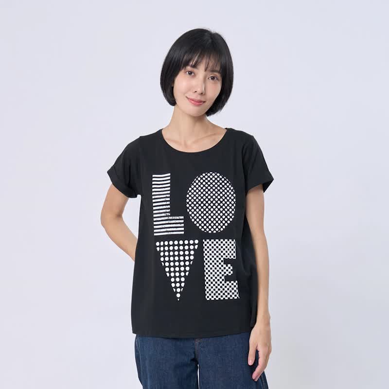 LOVE字母方型摺袖女短棉T/黑 - 女 T 恤 - 棉．麻 黑色