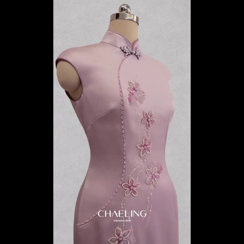 CHAELING 高級客製 粉色法繡釘珠真絲醋酸緞旗袍禮服 - 旗袍/改良式旗袍 - 絲．絹 