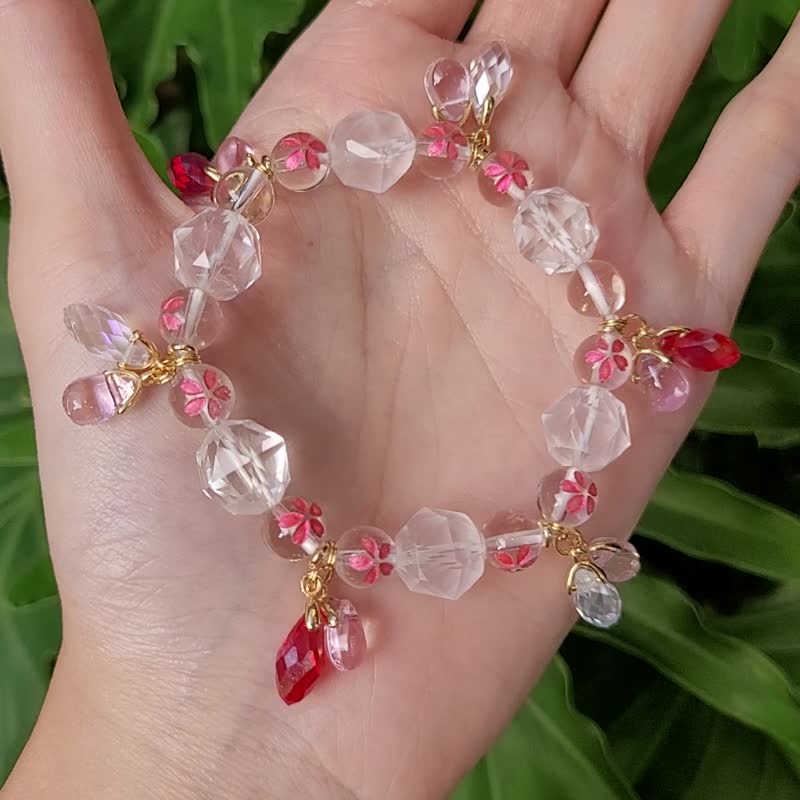 全美白水晶 水晶之王 櫻花 萊茵石 琉璃 紅運當頭 手鍊 單品 禮物 - 手鍊/手環 - 寶石 粉紅色