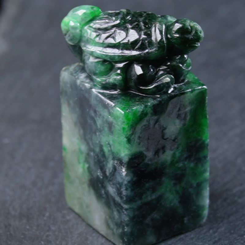 【吉祥‧長壽】花青翡翠烏龜玉印章 | 天然緬甸玉翡翠A貨 | 送禮 - 印章/印台 - 玉石 綠色