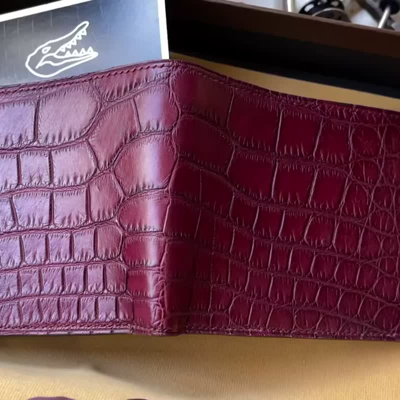 French material matte dark red handmade crocodile leather Silver - กระเป๋าสตางค์ - หนังแท้ สีแดง