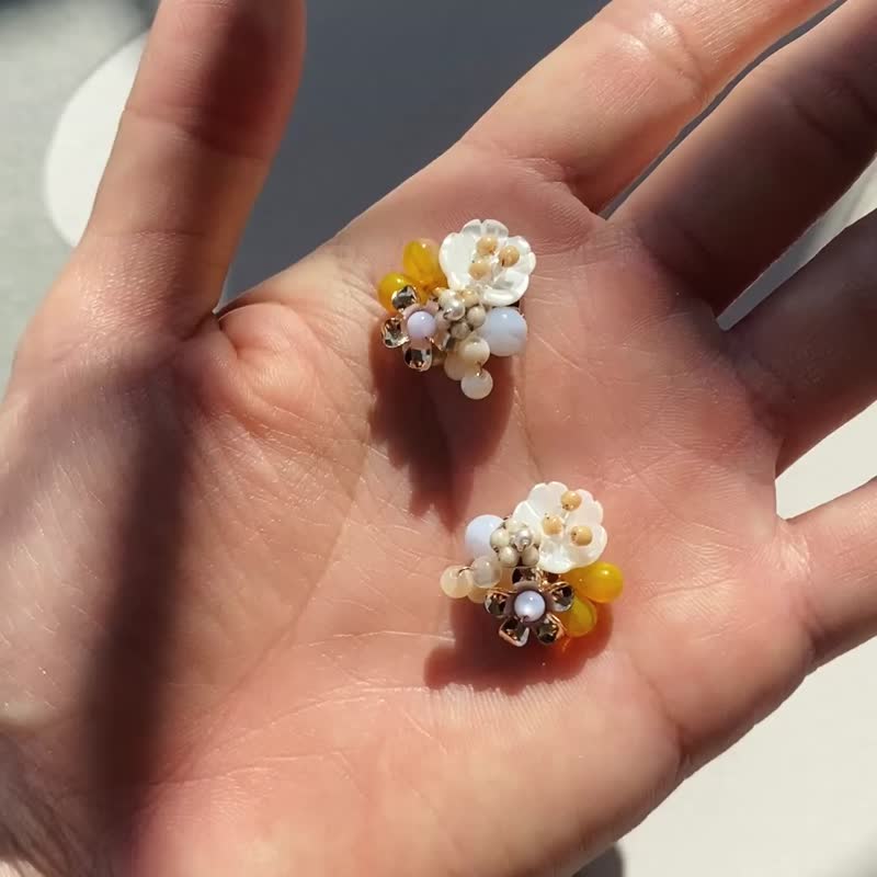 Mini Flower Everyday Earrings, Flower Bouquet Stud Earrings - Earrings & Clip-ons - Glass White