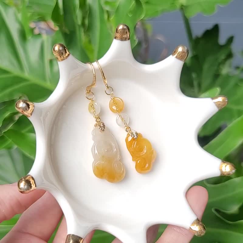 冰糯 黃翡翠 白翡 古錢 如意 吉祥 富貴 招財 不對稱 耳環 單品 - 耳環/耳夾 - 寶石 黃色