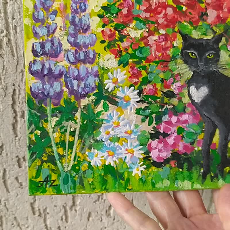 Black Cat Painting Floral Original Art Garden Animal Roses Cat lovers Small Art