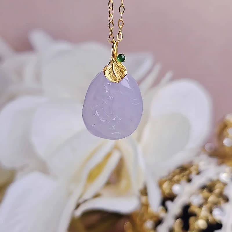 Noble Person·Peach Blossom·Calmness|Ice Barbie Pink and Purple Enlightenment|Myanmar Grade A Jadeite 18k Gold Ginkgo Leaf Pendant - Necklaces - Jade 