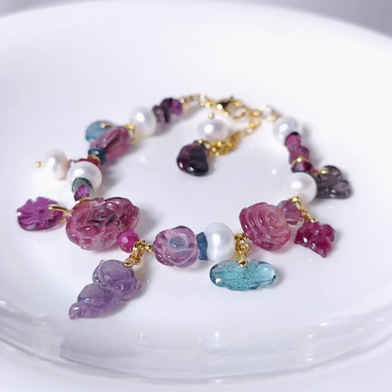 Rare Purple Blue Tourmaline Blue Watermelon Fox Fairy Pearl Multi-treasure All Wishes Come Wealth Bracelet - สร้อยข้อมือ - เครื่องเพชรพลอย สีม่วง