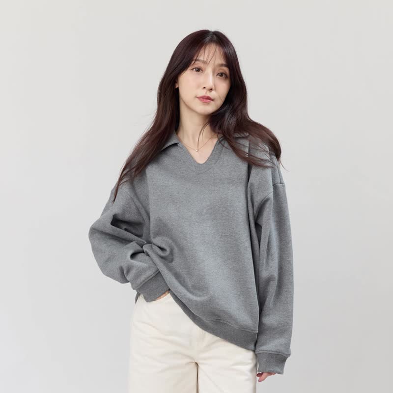 Ruth有領刷毛保暖長袖厚磅T恤三色 - 帽T/大學T - 棉．麻 灰色