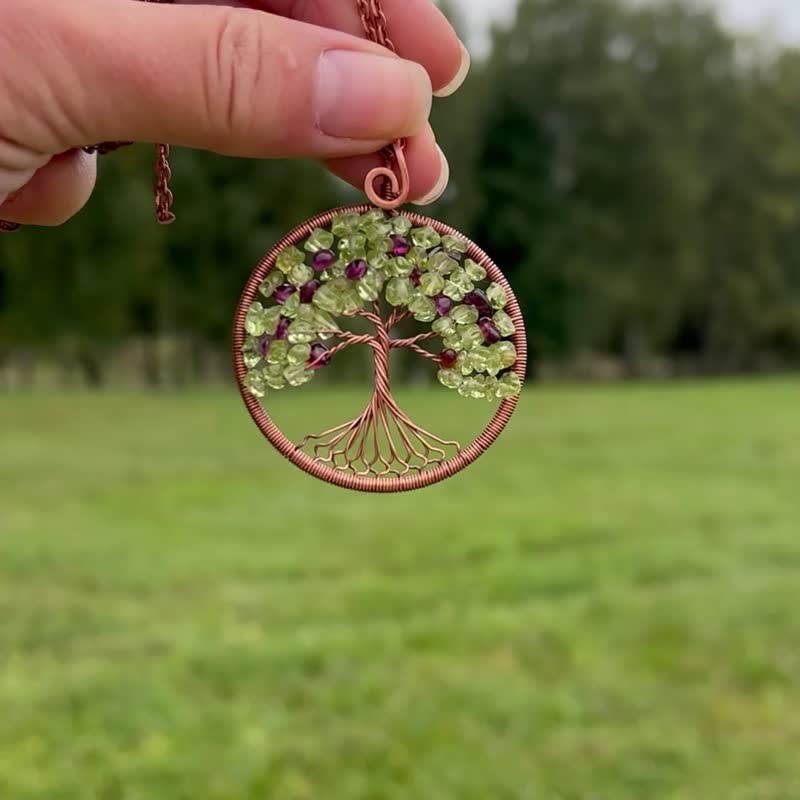 Peridot Garnet Pendant Good Luck Tree Necklace Semi-Precious Stone Jewelry - 項鍊 - 半寶石 綠色