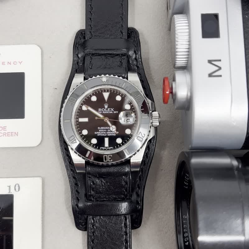 Black Watch Straps, Leather Watch Band, Bund Straps 20mm 19mm, Wrist Watch Band - สายนาฬิกา - หนังแท้ สีดำ