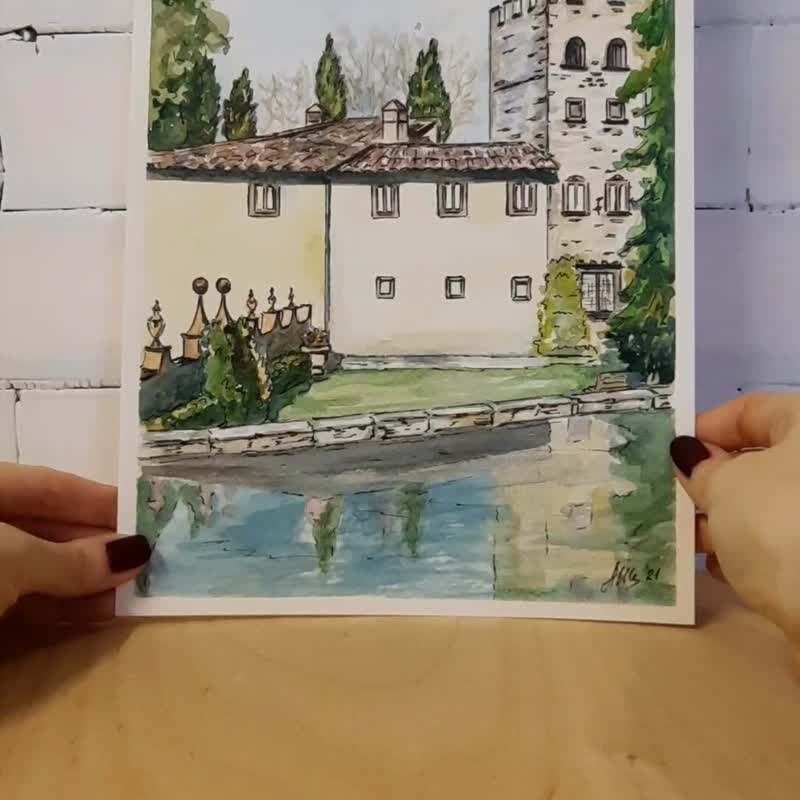Original Watercolor painting Landscape Old castle Italy painting House painting - 海報/掛畫/掛布 - 紙 多色