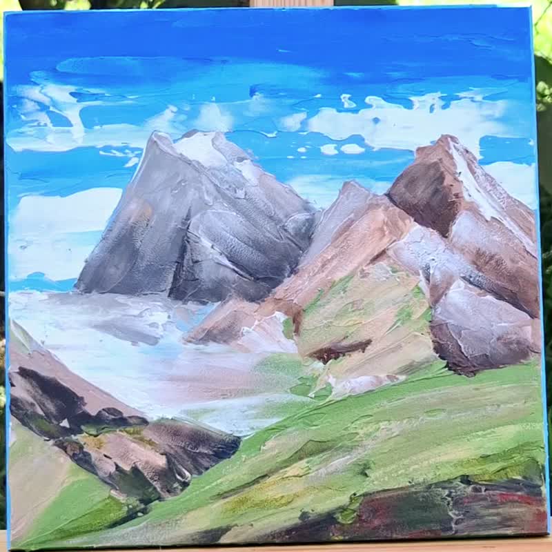 抽象的なオリジナルの山の絵画、青、緑、ブラウン、白の色 - ショップ