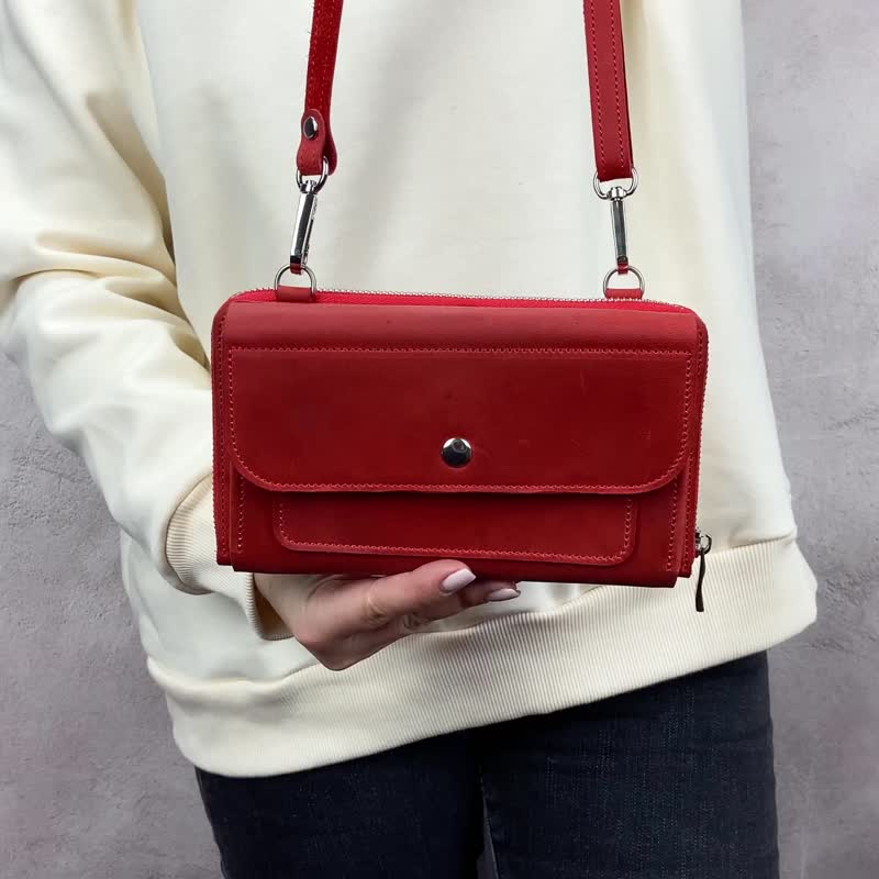 Red shoulder bag with hand and shoulder strap / Women leather crossbody wallet - Messenger Bags & Sling Bags - Genuine Leather Red