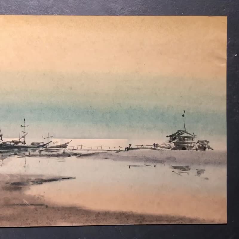 Tranquil Seascape, Ship near the pier, watercolor on paper, Wall Art, Home Decor - 壁貼/牆壁裝飾 - 紙 