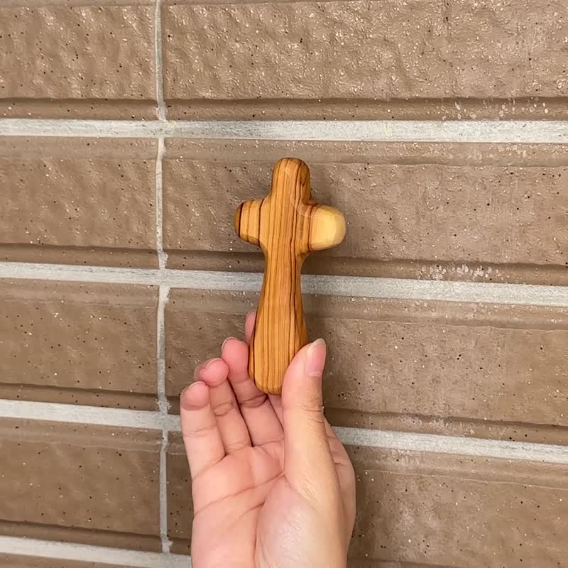 Comfort Cross, Hand Carved Olive Wood Holding Cross, Handmade Palm Crosses - Items for Display - Wood Brown